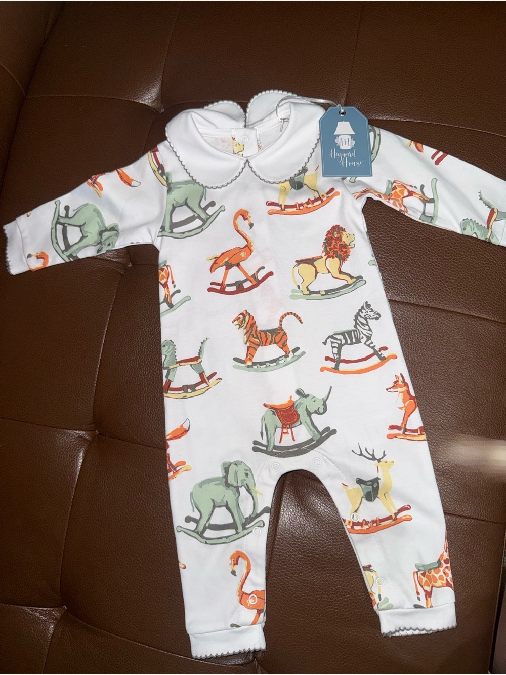 White Baby One-Piece Bodysuit with Animal Rocking Horse Print